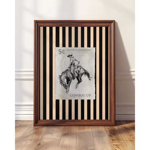 Cowboy Up Wall Art Print, Vintage Stamp Poster, Western Rodeo Decor with Stripes, Rustic Ranch Style Wall Print