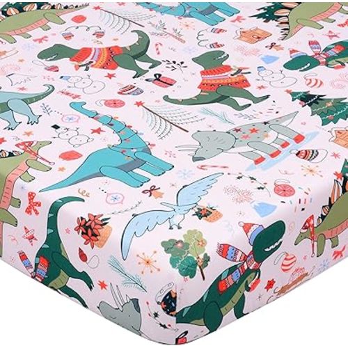 JISEN Christmas Fitted Crib Sheet - Soft Dinosaurs Pattern Baby Bed Sheets for Standard and Toddler Mattress for Boys Girls Neutral, Pink 28x52 Inch