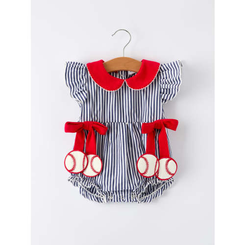 Girls Baseball Team Outfit – Striped Ruffle Sleeve Romper with Ball De – Rylee Faith Designs