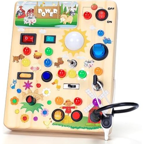 Busy Board with LED Light Switches, Montessori Toys for 1 2 3 Years Old, Toddlers Wooden Toy Sensory Activity Board, Travel Toys for 1+ Year Old Boy & Girl Birthday Gift (Farm)