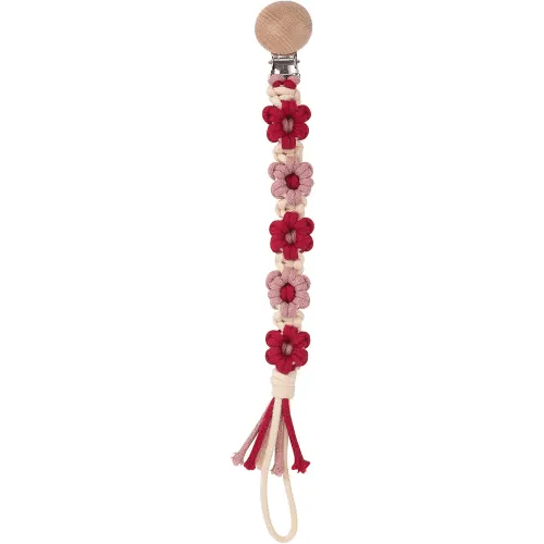 Pacifier Clip for Boys Girls Floral Daisy Macrame Baby Paci Clip Pacifier Holder Leash Boho Wooden Clips Handmade Braided Cotton Binky Clips (1pack:Red Daisy)