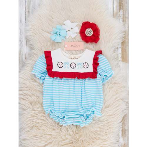 Bow Knot Baseball Embroidered Cotton Ruffle Bubble Romper