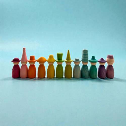 **Pre-order (Ships in 2-3 Weeks)**12 Piece Pastel Macaron Wooden Peg Dolls with Interchangeable Hats Open Ended Play Figures
