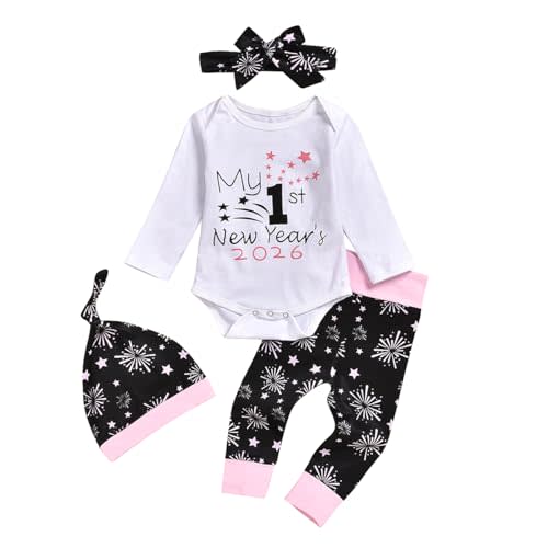 XFGLCK Newborn Infant Baby Girls New Year Outfits Letter Romper Bodysuit Firework Pants My 1st New Year’s 2026 Clothes