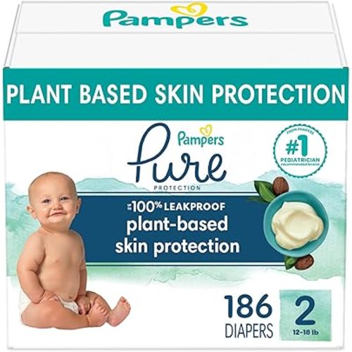 Pampers Pure Protection Diapers - Size 2, One Month Supply (186 Count), Hypoallergenic Premium Disposable Baby Diapers