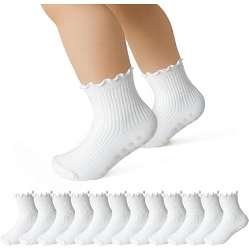 CoolMate Toddler Girl Socks, 6 Pairs Non-Slip Grip Ruffle Ankle Socks, Baby