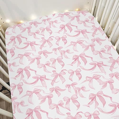 Pink Valentine's Bows Baby Crib Sheets for Boy Girl 52"x28" Girl Bows Soft Stretchy Fitted Crib Mattress Cover Baby's First Valentine's Day Baby Sheet Fits Crib and Toddler Bed Mattresses
