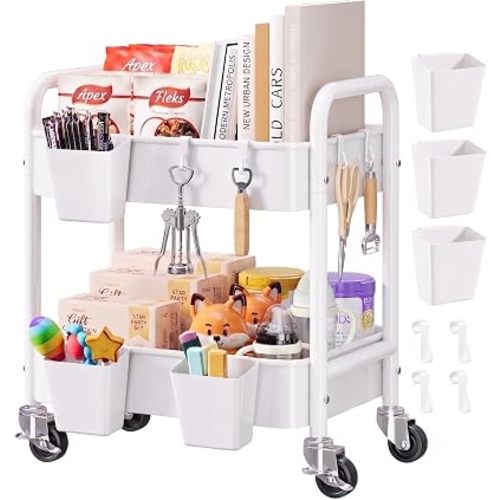 2 Tier Small Rolling Cart Metal with Wheels, White Under Desk Storage Cart on Wheels, Short Utility Roller Caddy Carts Organizer for Art,Craft,Pantry,Bathroom, Two Tiered Shelf Trolley,22 Inches Tall