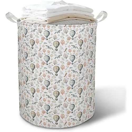 Hot Air Balloon Ocean Laundry Basket Hamper, Coastal Beach Nursery Decor, Fantasy Sea Animal Foldable Clothes Toys Books Storage Box Bins Baskets Organizer for Kids Room Playroom