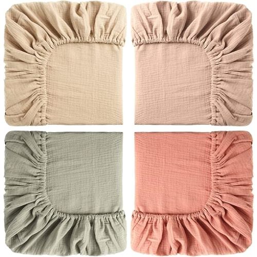 4 Pcs Baby Crib Sheets for Boys Girls, Cotton Baby Fitted Crib Sheet Soft Muslin Crib Sheets for Mini Crib Mattress (Natural Series Color,24 x 38 Inch)