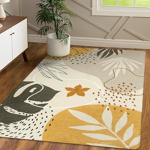 Lahome Boho Living Room Rug - 4x6 Washable Non-Slip Soft Area Rug for Bedroom, Ultra-Thin Throw, Tan Botanical Print Indoor Modern Floral Carpet for Entryway, Office, Kitchen, Nursery