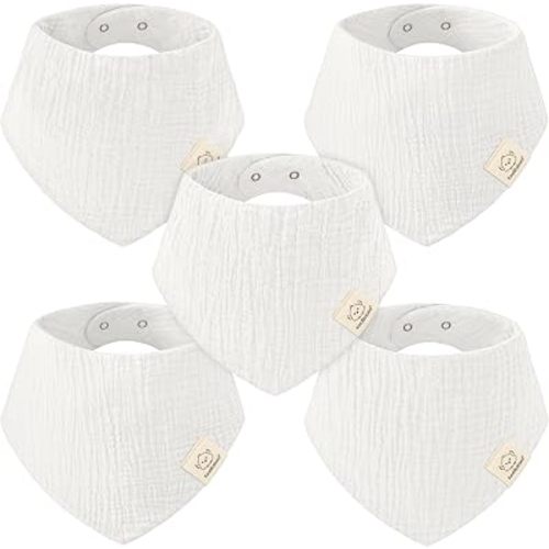 KeaBabies 5pk Muslin Bandana Baby Bibs for Drooling Teething (Soft White)