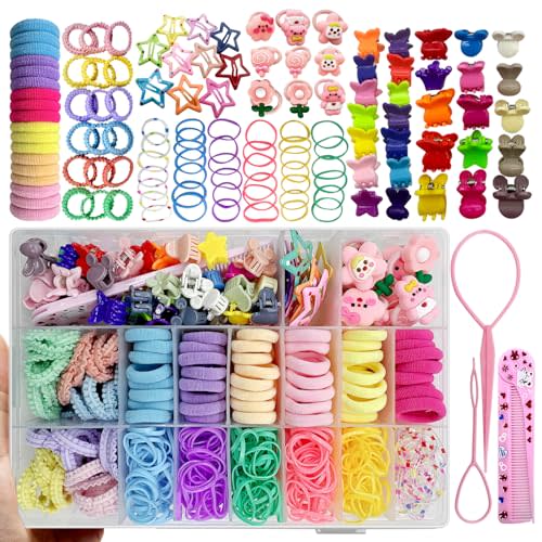 Colorful Rubber Hair Ties for Girls，Elastic Hair Bands for Baby，Colored Cotton Hair Ties，Small Hair Clips，Girl Hair Accessories Set With Organizer Hair Styling Tools Ponytail Holders