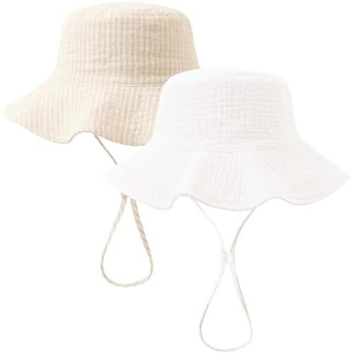 Konssy 2 Pack Muslin Baby Sun Hat UPF 50+ Sun Protection Baby Bucket Hat Summer Beach Hats with Wide Brim for Boys & Girls