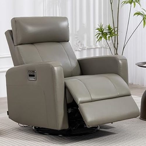 Genuine Leather Power Swivel Recliner Chair, Glider Electric Rocking Chair for Adults. Nursery Rocker Sofa Chair with Adjustable Headrest for Living Room. Wireless Charging/Type-C&USB, Grey