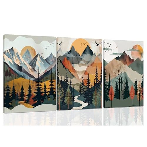 3Pcs Mountain Wall Art Boho Abstract Sunset Canvas Prints Forest Landscapes Posters Woodland Adventure Artwork Watercolor nature Pictures Paintings for BedRoom Office Nordic Style Wall Decor Framed