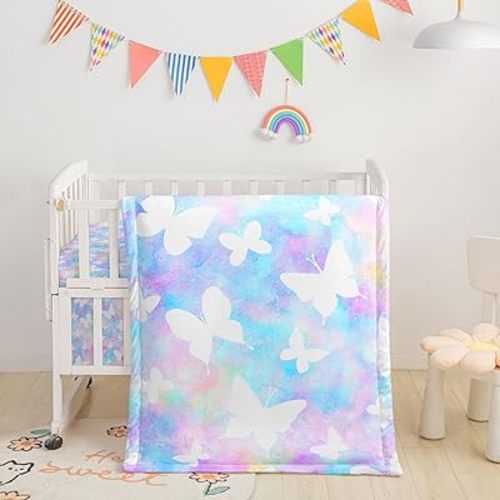 3-Piece Nursery Crib Bedding Set - White Butterfly Printed Comforter, Sheet & Skirt for Baby Boys and Girls