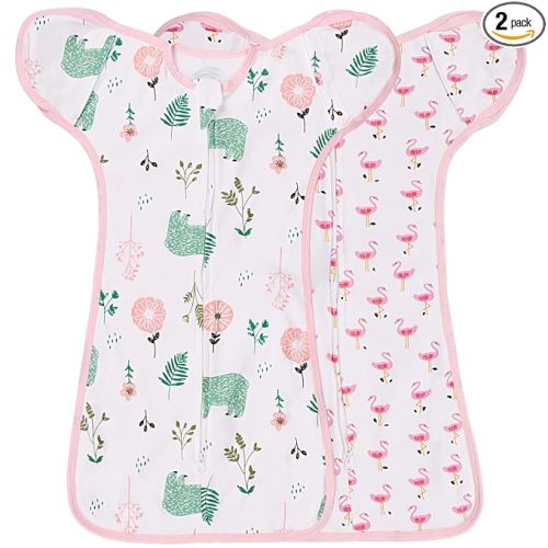 2 Pack Swaddles 0-3 Months, 2 Way Zipper Swaddles, Arms in/Out Convertible Baby Swaddle, 100% Cotton Arms Up Newborn Sleep Sacks, Flamingo & Bear