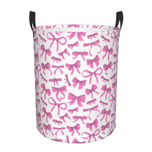 Honeii Pink bows Print Laundry Hamper Basket,Baby Nursery Woven Storage Basket for Toys Bin,Pillows,Blankets,Clothes-Medium