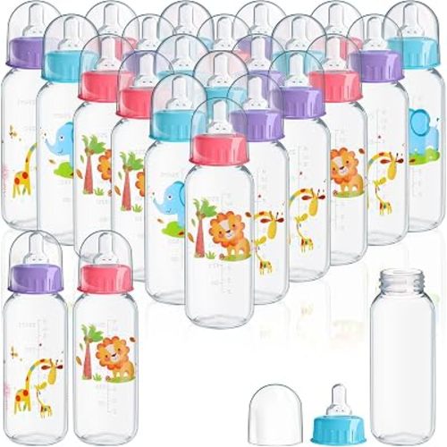 Norme 24 Pcs Plastic Milk Bottles Bulk for Party 9.5 oz Candy Bottles for Birthday Animal Theme Party Favors Decorations Gifts, Elephant, Lion, Giraffe Pattern(Straight)