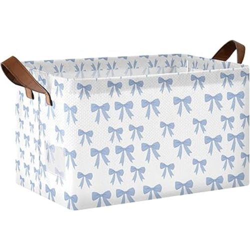 ALAZA Cute Blue Bow Cartoon Rectangular Closet Storage Box Storage Bin Basket Storage Cube with Leather Handles Nursery Storage Laundry Hamper 2 Piece