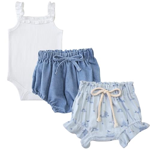 Y·J Back home Baby Girls 3-Piece Set Ruffle Onesie, Denim Bloomer & Dolphin Print Shorts Summer Outfits for 3-18M
