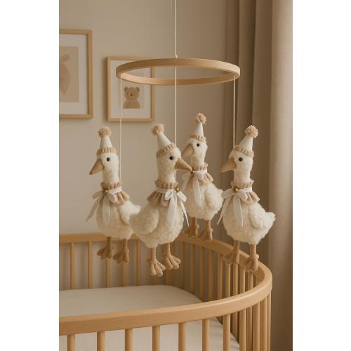 Vintage Goose Mobile | Circus Duck Baby Mobile | Handmade Felt Crib Mobile | Neutral Beige Nursery Decor | Wooden Carousel Mobile