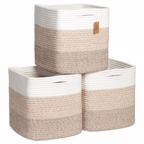 NaturalCozy Storage Cubes 11 Inch Cotton Rope Woven Baskets for Organizing, 3-Pack | Cube Storage Bin | Square Storage Baskets for Shelves Organizer, Classroom, Kids Toy Bins, Closet, Baby Nursery