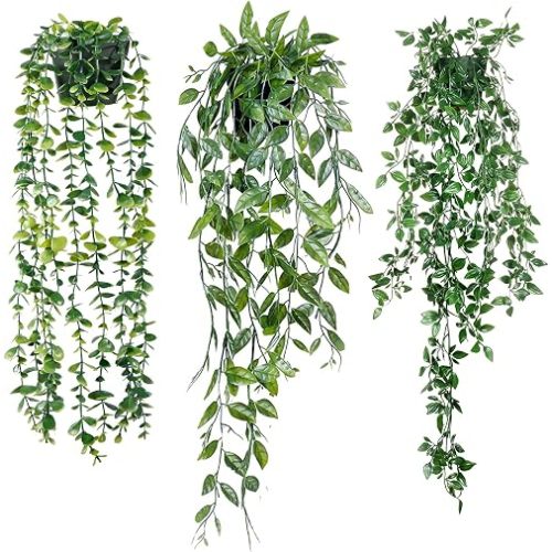 Sggvecsy Fake Hanging Plants 3 Pack Artificial Eucalyptus Fake Potted Greenery Faux Eucalyptus Mandala Vine Pea Pod for Home Indoor Outdoor Wall Garden Wedding Decor