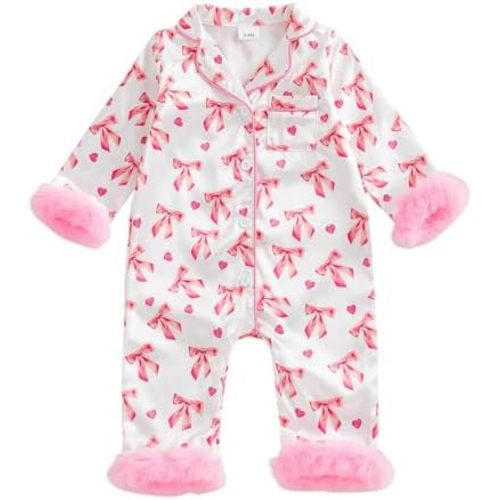 Baby Girl Valentines Day Pajamas Newborn Heart Feather Trim Nightgown Jumpsuit Romper Cute Infant Silk Pjs Sleepwear