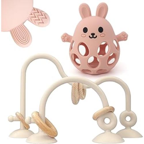 Baby High Chair Suction Toys Teething Chew - Baby Teething Toys Silicone Teethers, Table Toys, Food Grade Silicon for 6 12 18 Months (Beige Pink)