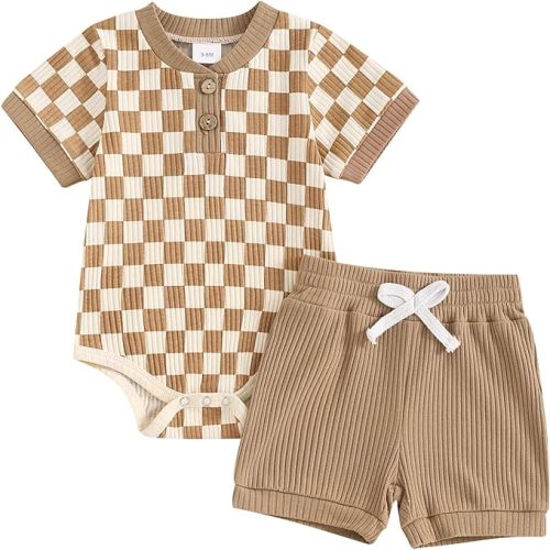 Newborn Baby Boy Girl Clothes 3 6 9 12 18 Months Ribbed Knit Short Sleeve Romper Shorts Set Infant Summer Outfits