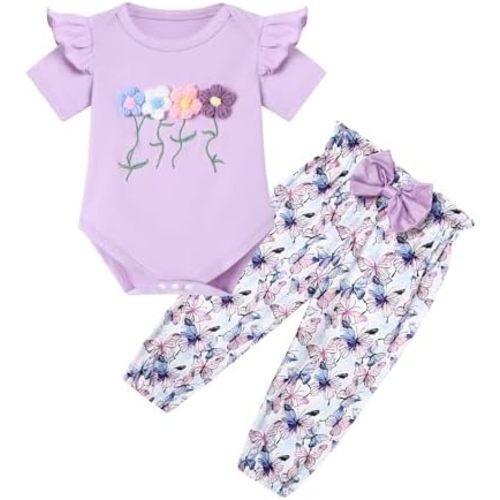 Baby Girls Clothes Newborn Bodysuits Short Sleeve Ruffle Romper and Floral Pants Set Infant Outfits 0-24 Months