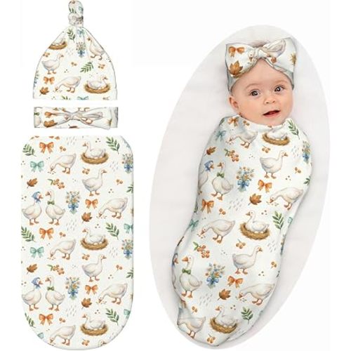 Goose Print Baby Swaddle Blanket with Headband and Beanie Set, Receiving Blanket, Newborn Infant Goose Print Baby Clothes Outfits Stuff