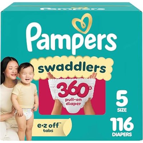 Pampers Diapers - Swaddlers 360° - Size 5, 116 Count, up to 100% Leakproof Comfy Dry Fit, Designed for Easy Changes, Pull On Baby Diaper (Packaging May Vary)