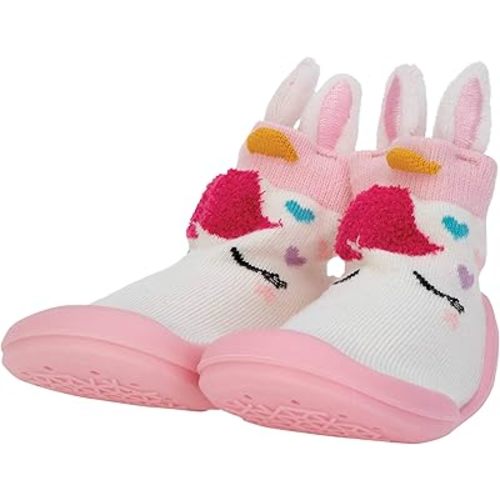 Nuby Snekz Comfortable Rubber Sole Sock Shoes for First Steps- Pink Unicorn/Large 22-30 Months