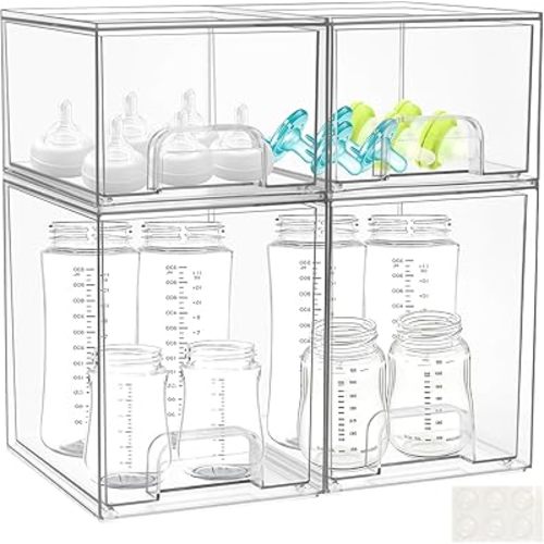Baby Bottle Organizer 4 Pack Clear Space-Saving Stackable Drawer with Handle for Pacifiers Pump Parts Desk Organizer Bins Station Organizers Container for Countertop Cabinet Bathroom Vanity Pantry