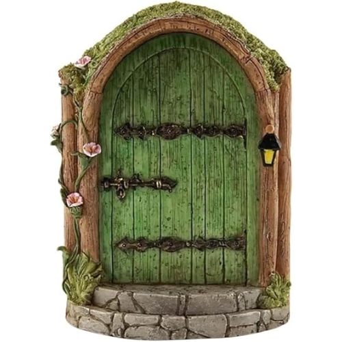 Green Fairy Door, Wooden Miniature Fairy Garden Doors Outdoor Mini Fairy Gnome House Accessories for Tree Trunk Ornaments Garden Miniatures, Fairy Doors for Trees Outdoor, Gnome Door for Tree Trunk