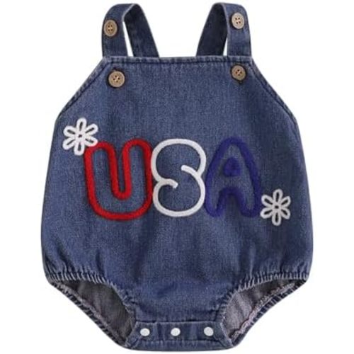 Infant Baby Girl 4th of July Outfits USA Denim Romper Sleeveless Strap Jean Bodysuit Patriotic Clothes