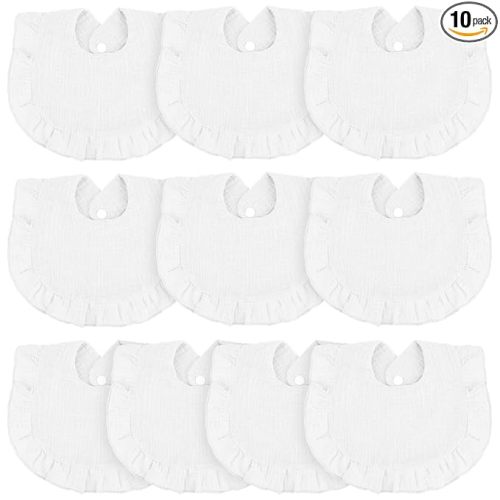 Seematn 10 Pcs Baby Muslin Bibs for Unisex Girls & Boys Drool Bibs Bandana Ruffle Soft Cotton for Newborn Infants Toddlers(White)