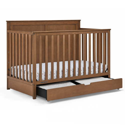 Simmons Kids Logan 6-in-1 Convertible Crib w/ Drawer, Greenguard Gold Certified, Converts to Toddler Bed, Daybed, Sofa & Full-Size Bed w/ & w/o Headboard, Fits Standard Crib Mattress, Chestnut
