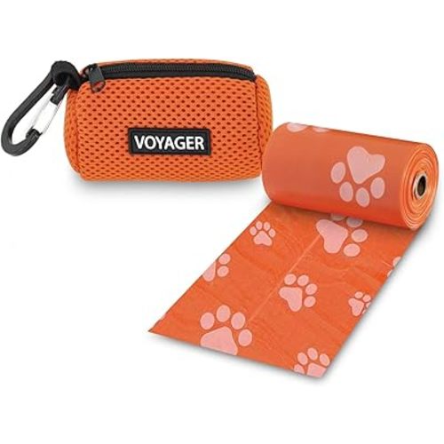 Best Pet Supplies Dog Poop Bag Holder Leash Attachment with 15 Bags, Orange, Reusable Mesh Dispenser Pouch for Travel, Walking, Park, and Outdoor Use, Soft and Durable with Clip-On