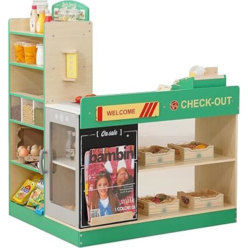 Wooden Grocery Store Playset for Kids, Pretend Play Market with Checkout Counter, Manual Conveyor Belt, Pretend Scanner, and Multiple Display Shelves, Interactive Toy Grocery for Boys & Girls Ages 3+