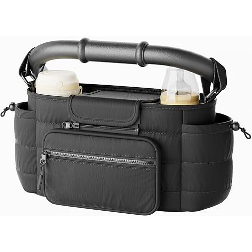 Stroller Organizer Caddy with Insulated Cup Holder & Detachable Phone Purse, Lightweight Universal Stroller Caddy for Busy Moms - Black