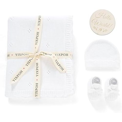 Organic Cotton Baby Blanket Knit Beanie Hat Booties Set Newborn Swaddle Receiving Blanket for Boy Girls with Wooden Hello World Sign