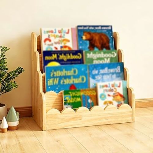 4-Tier Scalloped Bookshelf for Kids, 16.5 * 15.7 * 9.8inch Small Wooden Bookcase for Toddlers, Book Shelf Organizer for Nursery Room Classroom Playroom