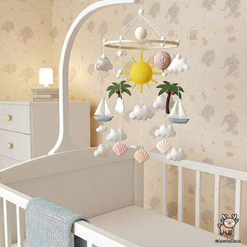Beach Baby Mobile: Handmade Felt Balloon, Sun, Boats, Seashells, Coconut Trees, Clouds