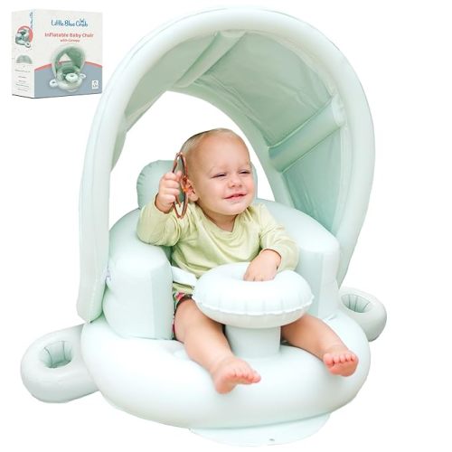 Blow Up Inflatable Baby Seat for 3-36 Months w/Built-in Pump & Detachable Canopy, Sit Me Up Floor Seat for Baby w/Safety Straps, Inflatable Infant Chair (Canopy + Cup Holders) is Ideal Winter Gift