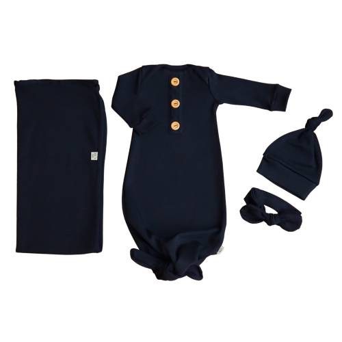 Black neutral newborn gift set coming home outfit harmless %100 cotton knotted baby sleeper gown, blanket, hat and headband high quality
