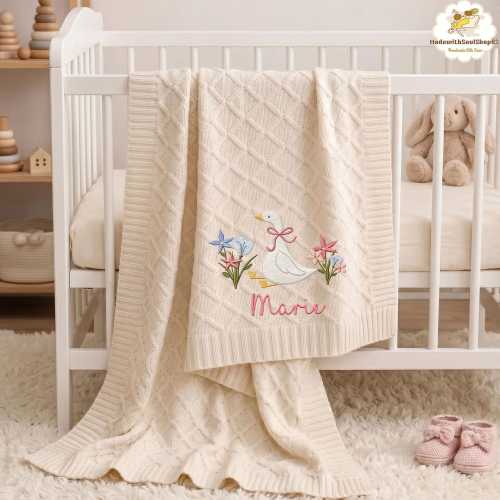 Embroidered Duck Wildflower Knit Throw, Goose Floral Baby Name Blanket, Baby Girl Shower Gifts, Welcome Baby Blanket, Newborn Gift For Baby
